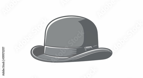A classic bowler hat, rendered in shades of grey and white, sits centered