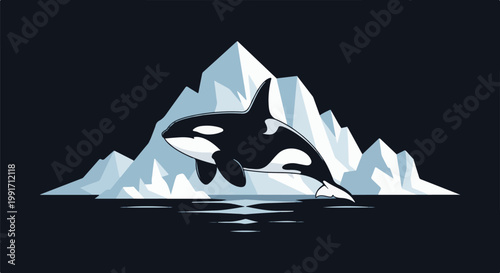 A black and white orca whale swims in front of icy peaks reflecting in dark water