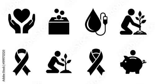 Charity and donation icon set, 8 black solid vector symbols for non-profit organizations, volunteer work and community support graphics