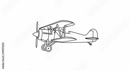 A classic biplane is outlined in black on a white background