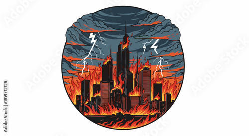 A cityscape engulfed in flames, amidst a storm with lightning and dark clouds