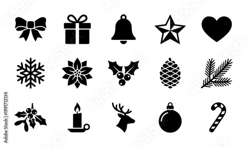 Christmas icons set of 15 black vector silhouettes. Winter holiday symbols including snowflake, reindeer, and gift box. Minimalist festive graphic elements.