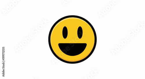 A bright yellow circular face with a wide black smile and two black oval eyes against a white background