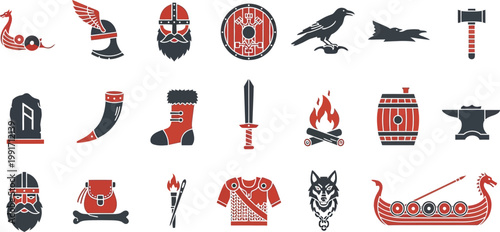 Viking and norse mythology symbols and artifacts collection Vector