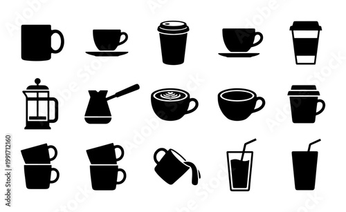 Coffee cup icons set, black silhouette cafe drink symbols, 15 vector beverage elements including mugs and espresso cups for menu design