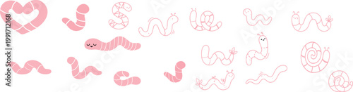 Vector set of Pink worms . Flat nature vector. Hand drawn .striped curvy creatures in various shapes and positions. Funny cartoon style wiggly animals collection. Earthworm vector set
