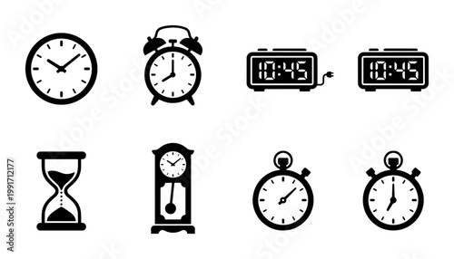 Minimalist clock icon set, black and white time management symbols, collection of 8 vector watch and timer illustrations for business apps