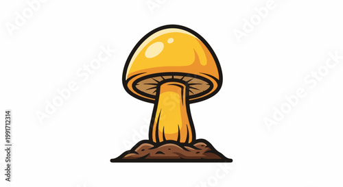 A bright yellow mushroom with a thick stem emerges from brown soil
