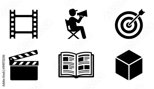 Minimalist film production icon set, black cinema and media vector symbols, movie director and clapperboard icons, 6 creative industry elements