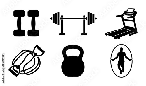 Gym equipment icon set with 6 black vector silhouettes, fitness workout symbols including dumbbells and treadmill, weightlifting and cardio exercise elements