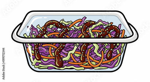 A clear container holds a colorful salad of shredded cabbage and carrots, drizzled with a dark dressing