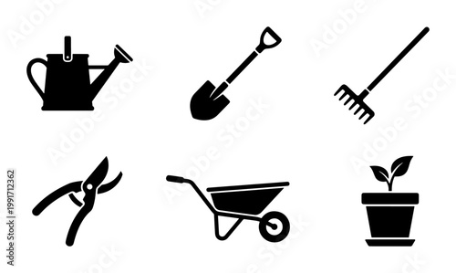 Gardening tools icon set with 6 black vector elements, garden equipment symbols including watering can and shovel, landscaping tool silhouettes for horticulture