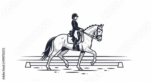 A black and white sketch shows a rider in full attire on a horse