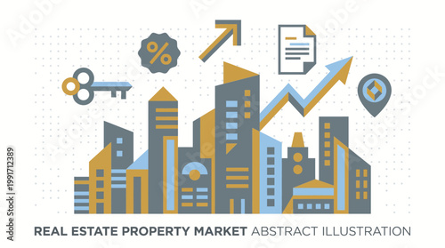 A vibrant abstract illustration of a growing real estate property market with modern buildings and increasing graph lines