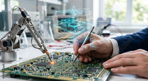 Robotic arm assisting engineer in assembly of high precision electronic circuit board with augmented reality interface.