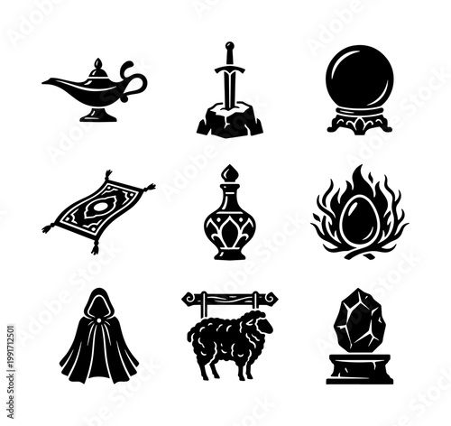 Fantasy RPG icons set, black magic and adventure vector elements, mystical medieval quest symbols, 9 mystical objects for gaming and storytelling