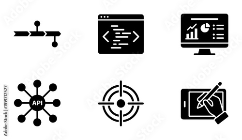 Software development icons set, black solid vector symbols for API integration and coding, data dashboard and digital design elements