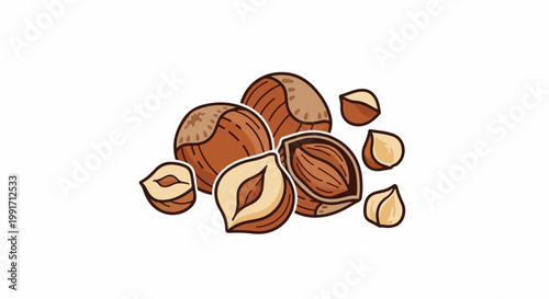 A cluster of brown, round hazelnuts, some whole, some split, reveal their creamy insides