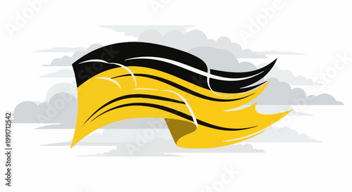 A black and yellow flag billows dramatically against a cloudy sky with a dynamic, flowing motion