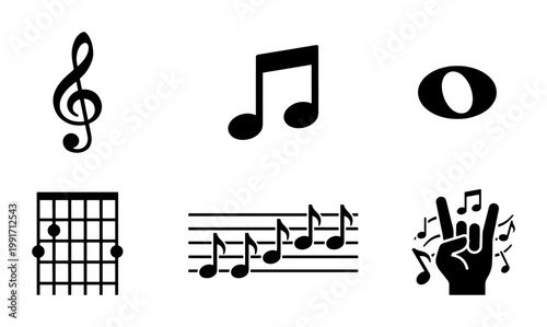 Musical notes and symbols icon set, black music notation vector elements, guitar chord chart and treble clef signs for song composition