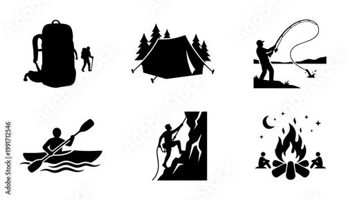 Outdoor adventure silhouette icons set, camping and hiking symbols, 6 black vector illustrations for mountain climbing, fishing, and kayaking