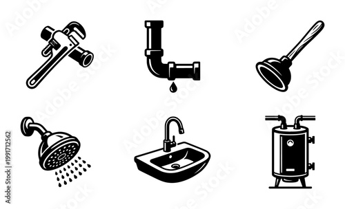 Vintage plumbing service icons set, retro plumber tools and bathroom fixtures, black and white vector collection for home repair business