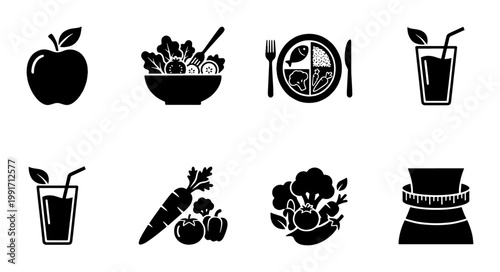 Healthy food icons set, black solid vector symbols for nutrition and diet, 8 flat icons of organic vegetables and balanced meals for wellness apps
