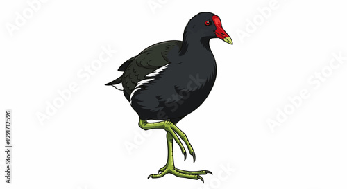 A black bird with a red beak and eye, on one leg