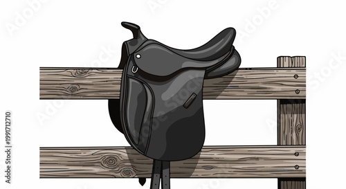 A black, cartoon-style saddle rests on a rustic wooden fence
