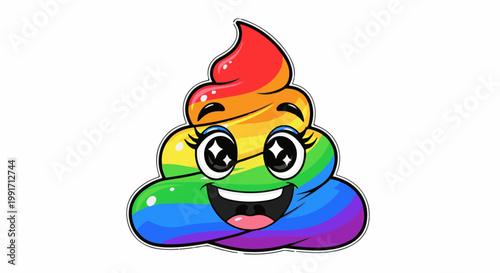 A cartoon of a smiling, rainbow-colored poop emoji with wide eyes and an open mouth