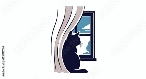 A black cat sits by a window, looking outside at the sky with clouds