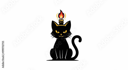 A black cat with a candle burning on its head