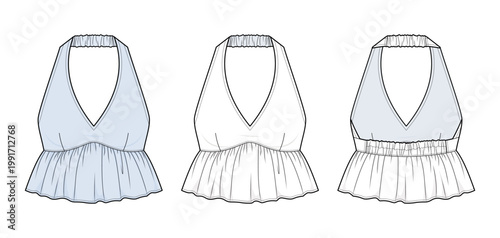 Halter Peplum Top Technical Fashion Illustration. Sleeveless Crop Top Vector Template. Front and Back View. Deep V Neck Garterized Neckline Ruffle Hem Flared Waist Women Apparel CAD Mockup