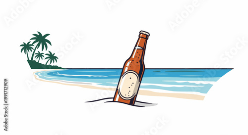 A brown bottle of beer stands partially buried in the sand on a tropical beach