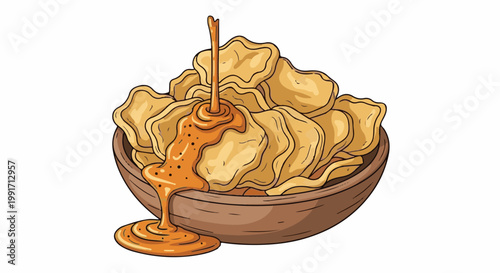 A brown bowl overflows with golden chips, drenched in a thick, glossy caramel sauce