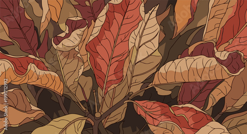 A close-up artistic depiction of fallen leaves in warm autumnal hues, showcasing intricate veining and rich textures