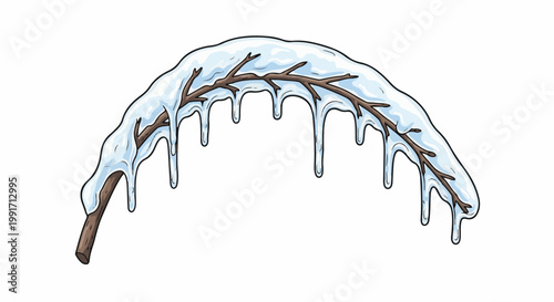 A brown branch covered in ice with icicles dripping down, on a white background