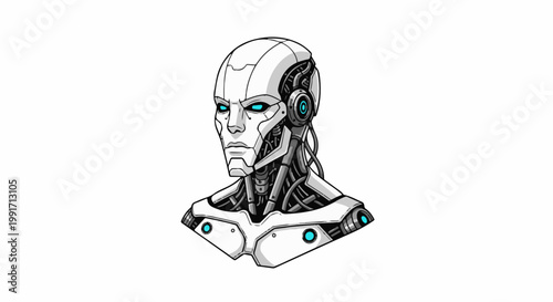 A close-up illustration of a robotic head with glowing blue eyes and intricate mechanical details