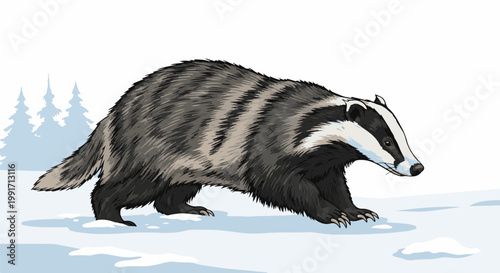 A badger walks through a snowy landscape with pine trees in the background