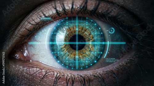 Iris scan closeup with crosshair target and scanning overlay. Digital identity verification concept.