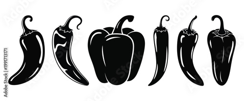 Hot Chili Pepper Silhouette Set, Spicy Food Icon Collection with Chili Peppers Shapes, Vector Illustration for Cooking, Restaurant Branding, Menu Design, Food Packaging, and Heat Symbol Graphics