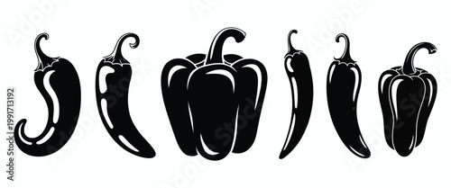 Hot Chili Pepper Silhouette Set, Spicy Food Icon Collection with Chili Peppers Shapes, Vector Illustration for Cooking, Restaurant Branding, Menu Design, Food Packaging, and Heat Symbol Graphics