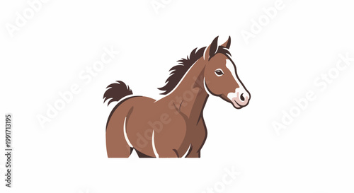 A brown horse with a white stripe down its face and a dark mane