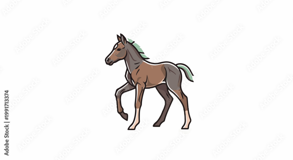 Fototapeta premium A brown, stylized foal with a light green mane and tail, stands on a white background