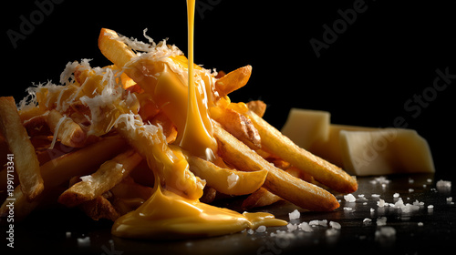 Creamy cheesy yellow liquid on french fries