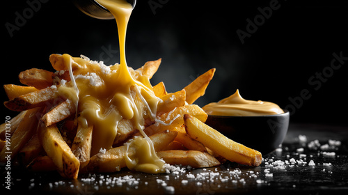 Creamy cheesy yellow sauce on french fries