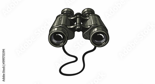 A close-up of a pair of vintage binoculars with a black strap, isolated on a white background