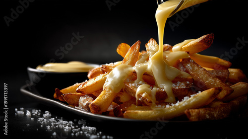 Creamy cheesy yellow topping on french fries