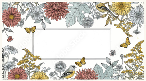 Floral Border Frame with Chrysanthemums Birds and Butterflies for Greeting Card