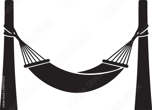 A hammock suspended between two vertical poles in a relaxed position silhouette vector icon